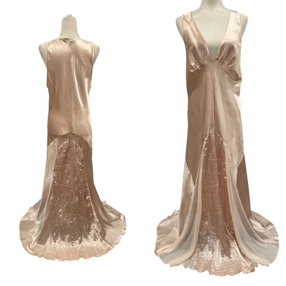 🌺SOLD🌺 Jacalyn Bennett Silky Satin Sheer Chiffon Champagne Maxi Gown Slip Dress - Picture 8 of 8